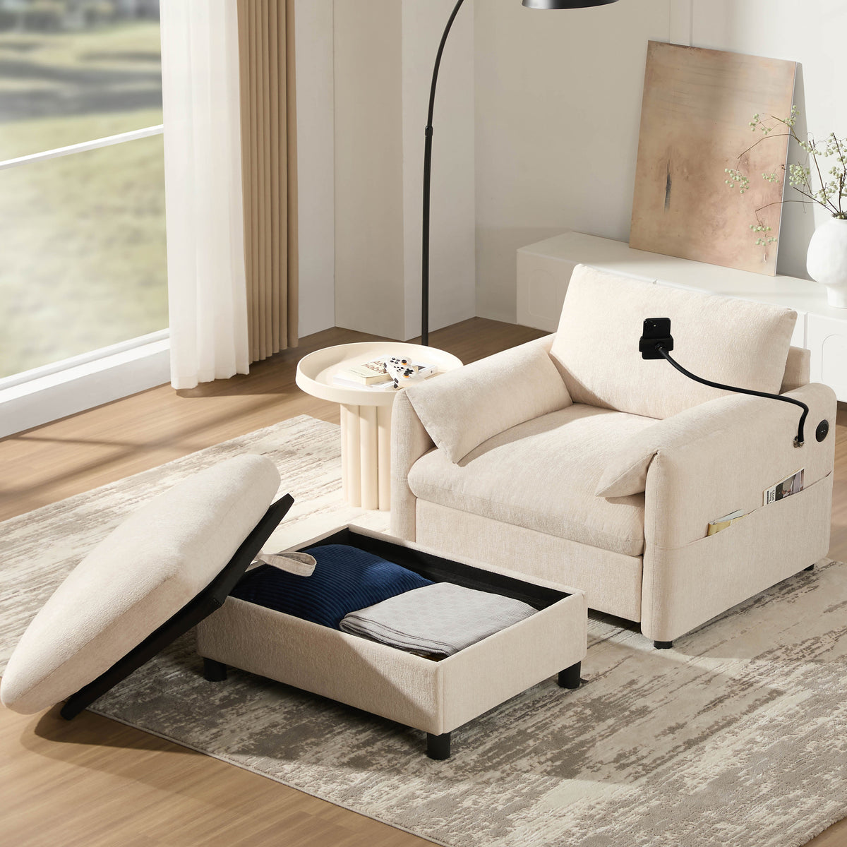 Elowen — Storage Ottoman Chaise, Chenille Beige