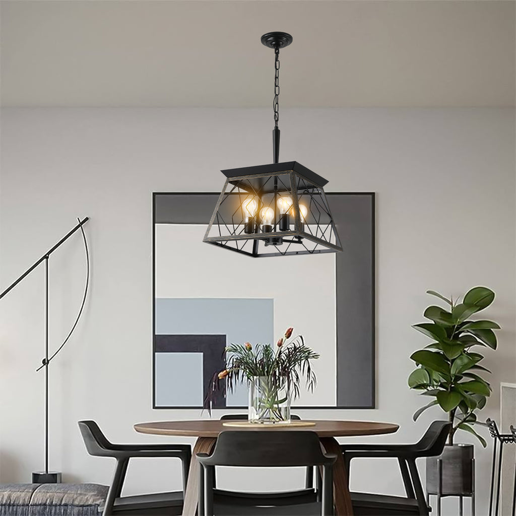 Foundry — 4-Light Metal Cage Pendant, Black and Gold