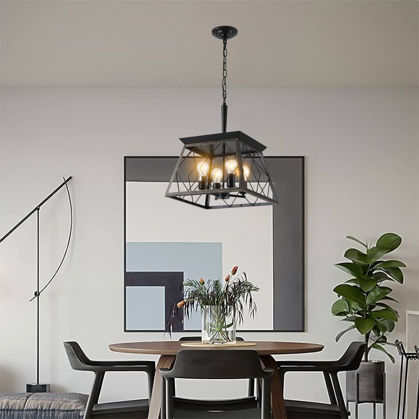 Foundry — 4-Light Metal Cage Pendant, Black and Gold