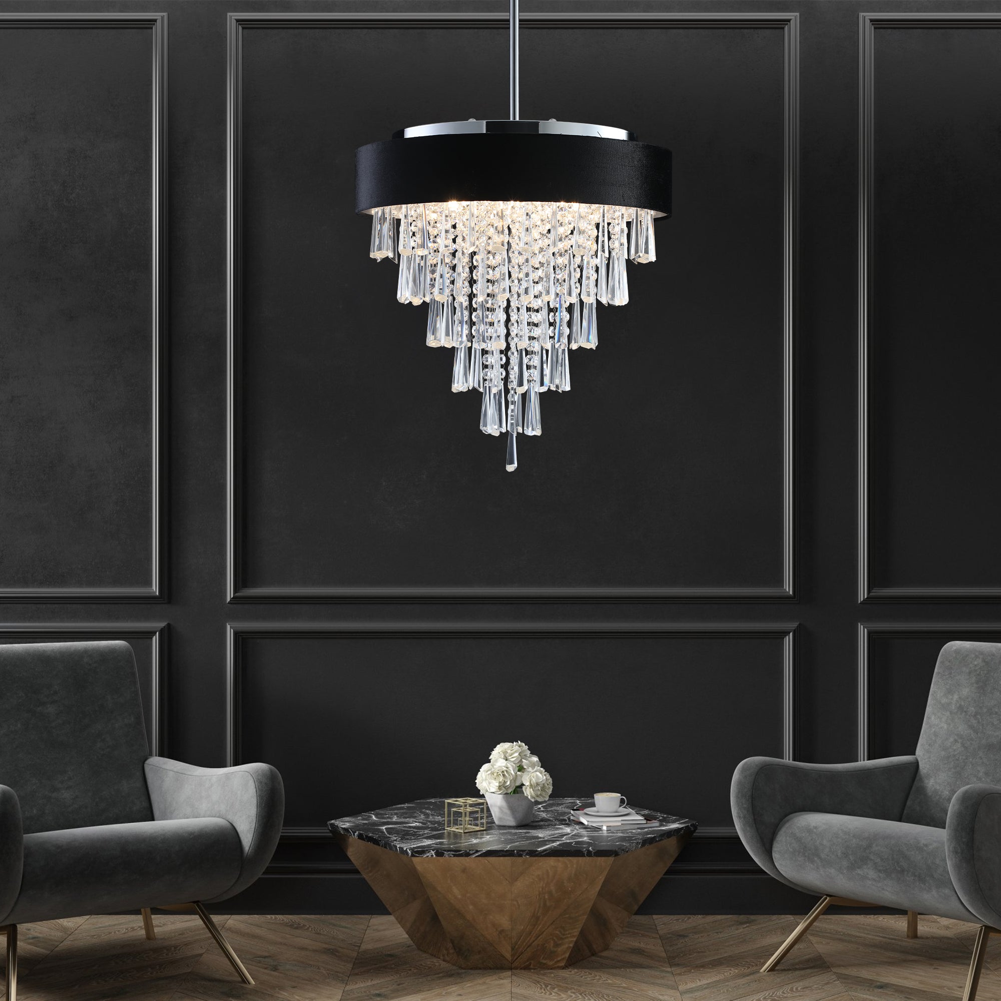 Noir — 8-Light Crystal Chandelier with Black Velvet Anti-Glare Shade