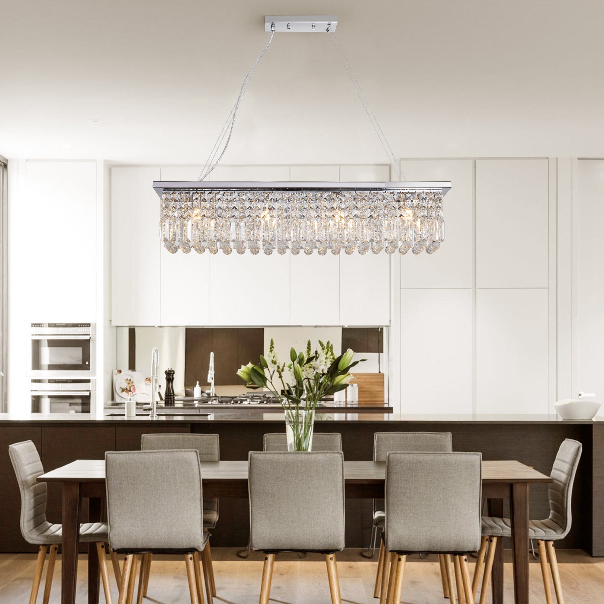 Cascade — 8-Light Chrome Crystal Raindrop Rectangle Chandelier
