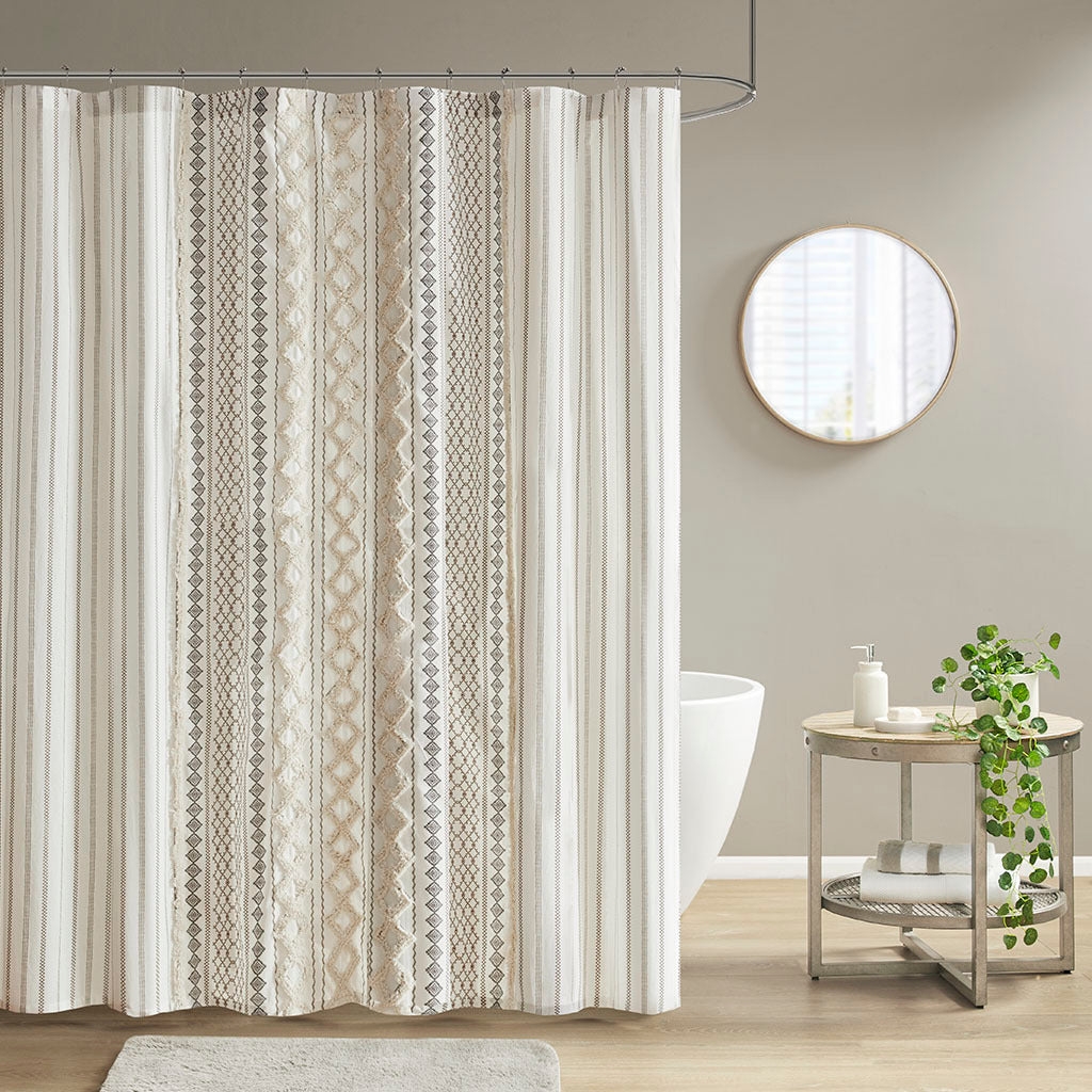 Marlowe — Woven Diamond Stripe Shower Curtain, Ivory