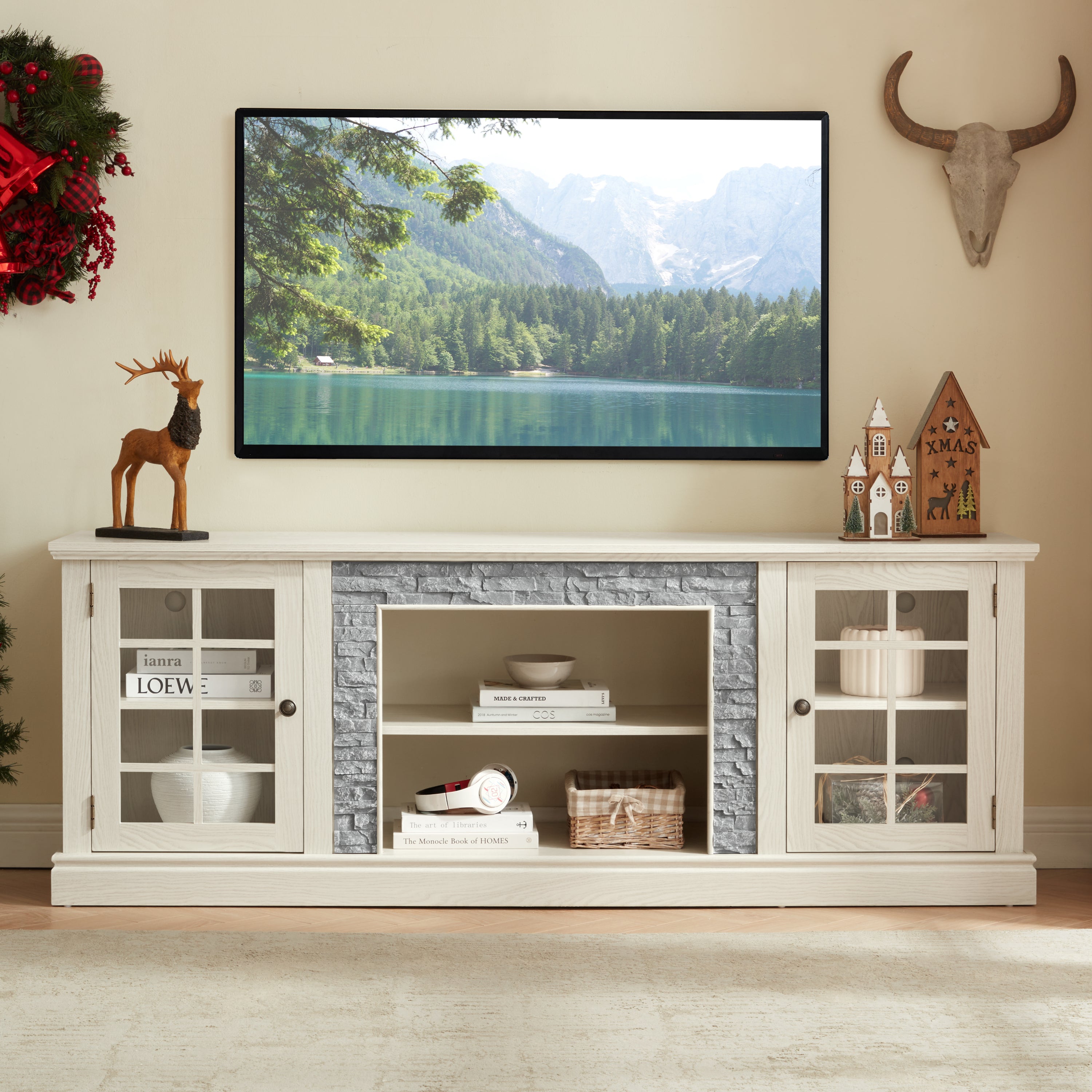 Bellwood Faux Stone TV Console, White