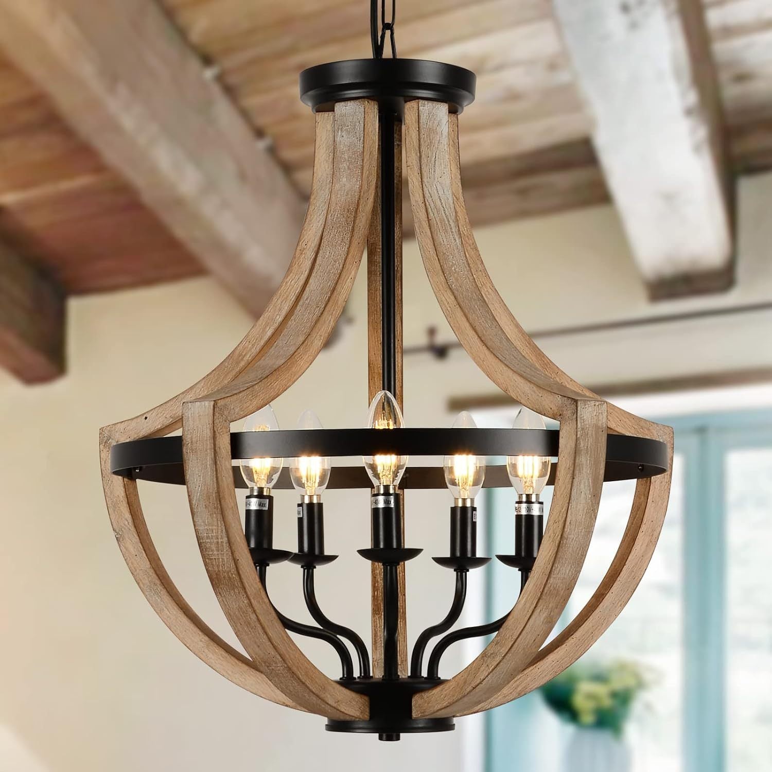 Grove — 5-Light Solid Wood Farmhouse Chandelier in Brown & Black