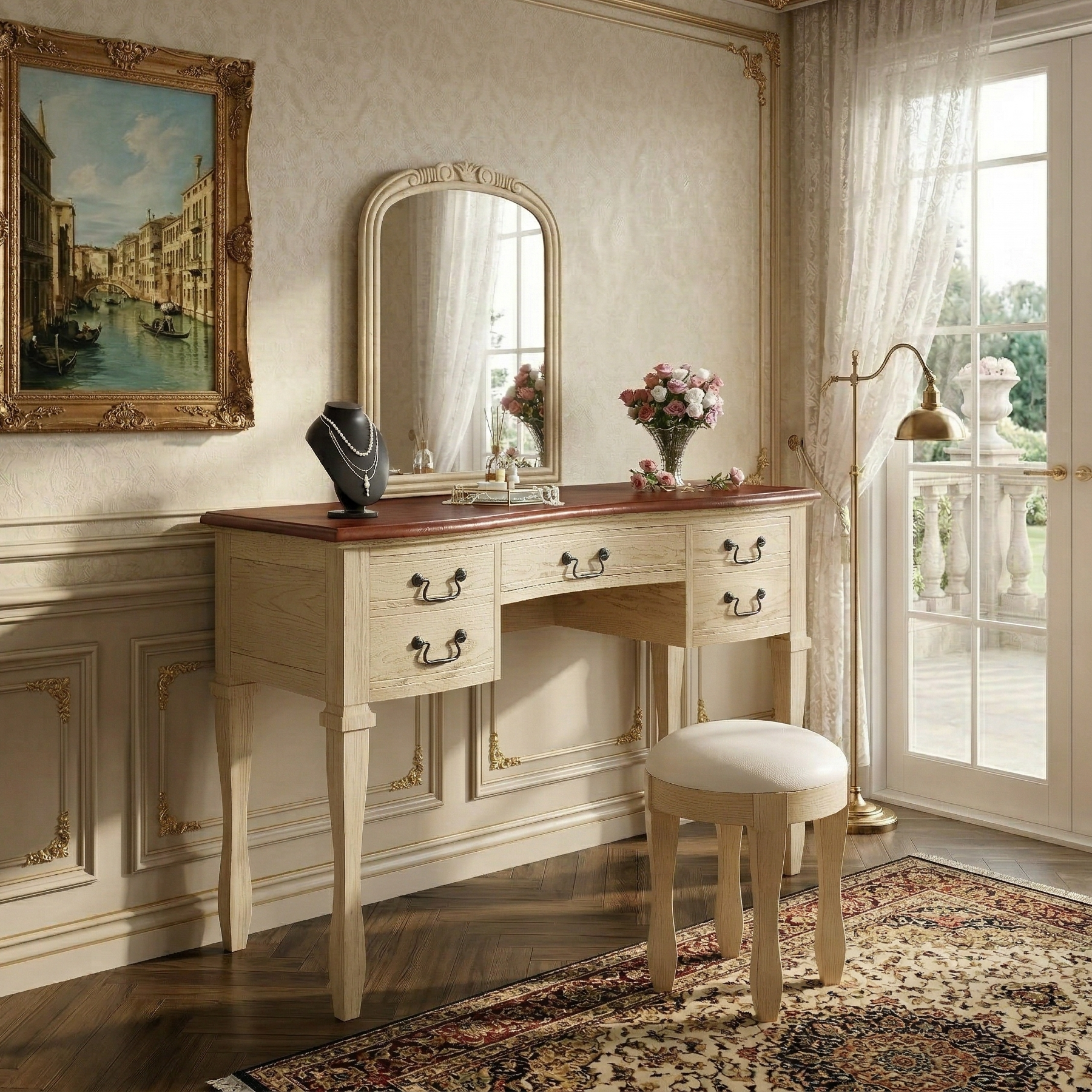 Isolde Curved-Frame Vanity with Stool, Antique White