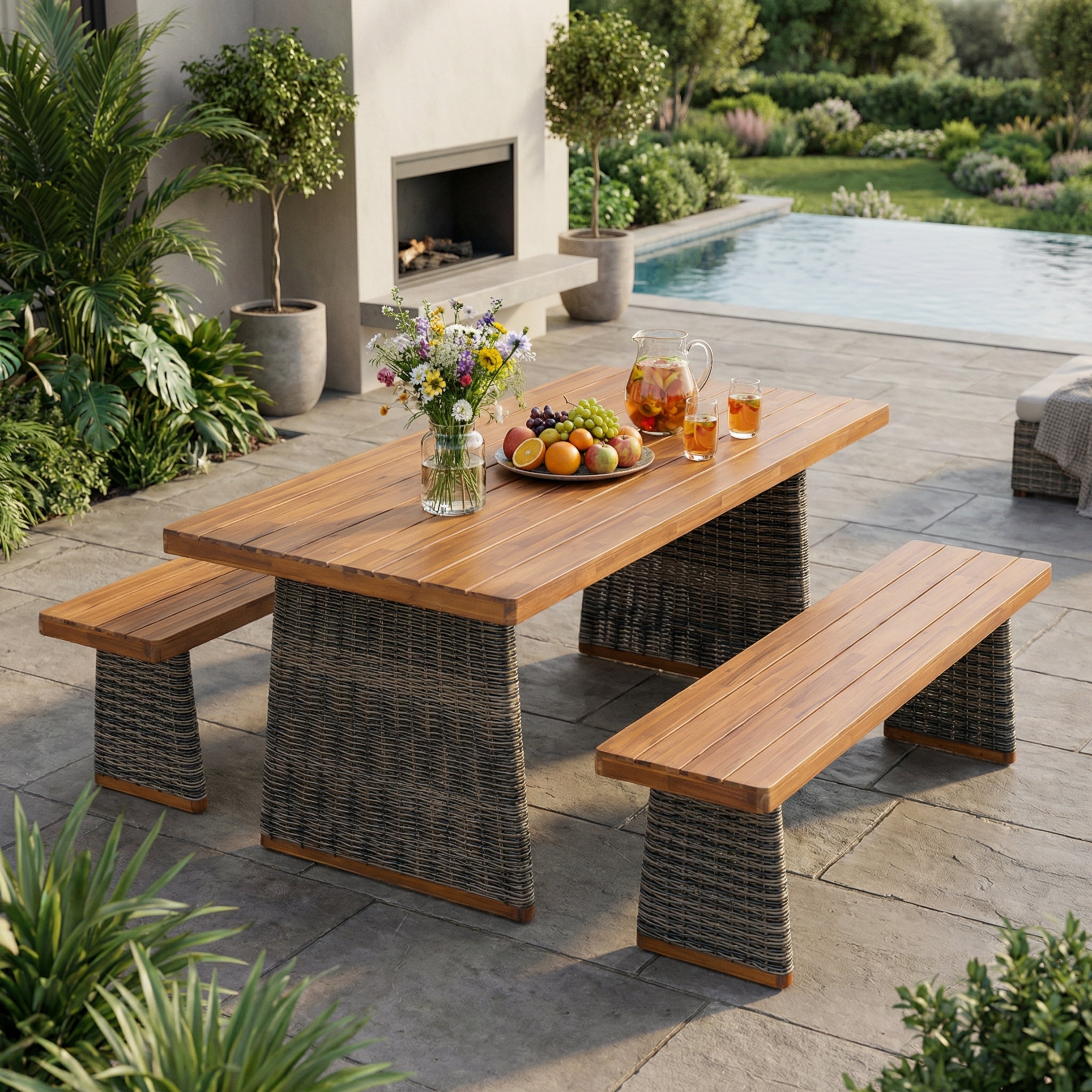Meridian Table — Acacia & Rattan Dining Set, 3-Piece