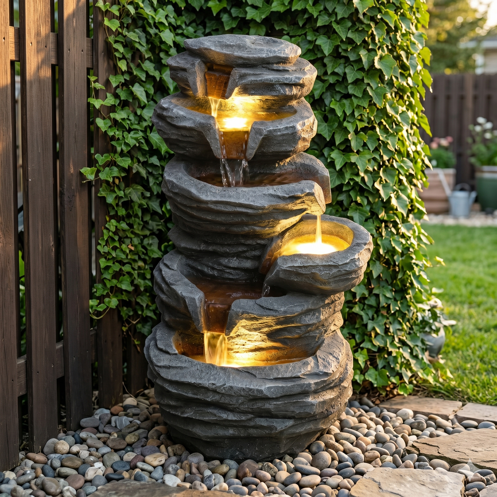 Stonewell Cascade — Tiered Rock Fountain, Charcoal Finish