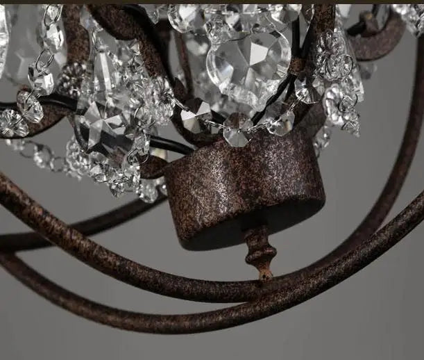 Industrial Orb Crystal Chandelier — Rustic Globe Pendant Light with Candelabra Arms