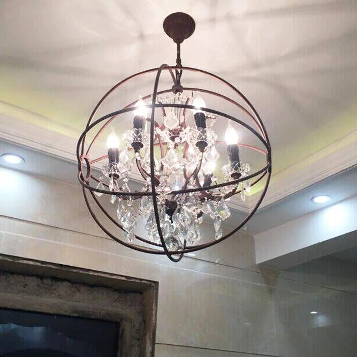 Industrial Orb Crystal Chandelier — Rustic Globe Pendant Light with Candelabra Arms