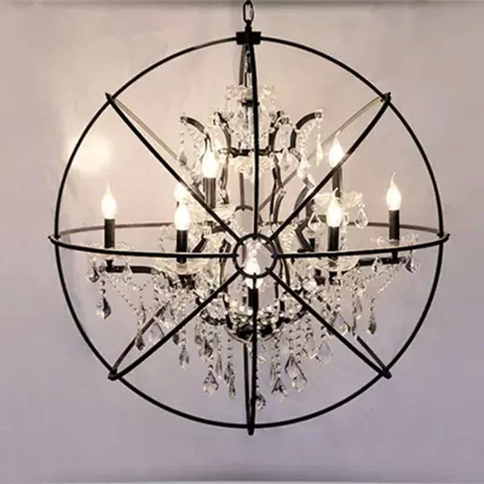 Industrial Orb Crystal Chandelier — Rustic Globe Pendant Light with Candelabra Arms
