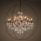 Industrial Orb Crystal Chandelier — Rustic Globe Pendant Light with Candelabra Arms