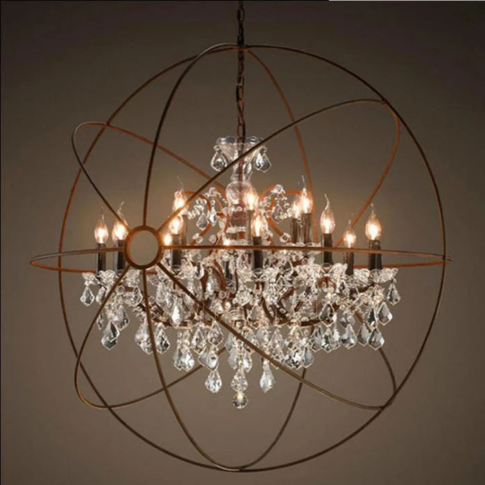 Industrial Orb Crystal Chandelier — Rustic Globe Pendant Light with Candelabra Arms