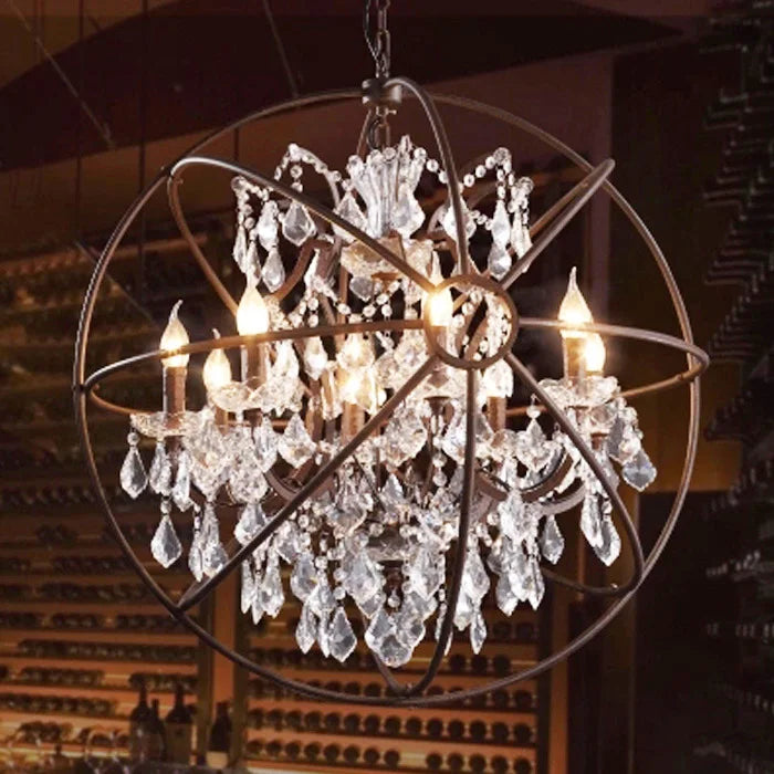Industrial Orb Crystal Chandelier — Rustic Globe Pendant Light with Candelabra Arms
