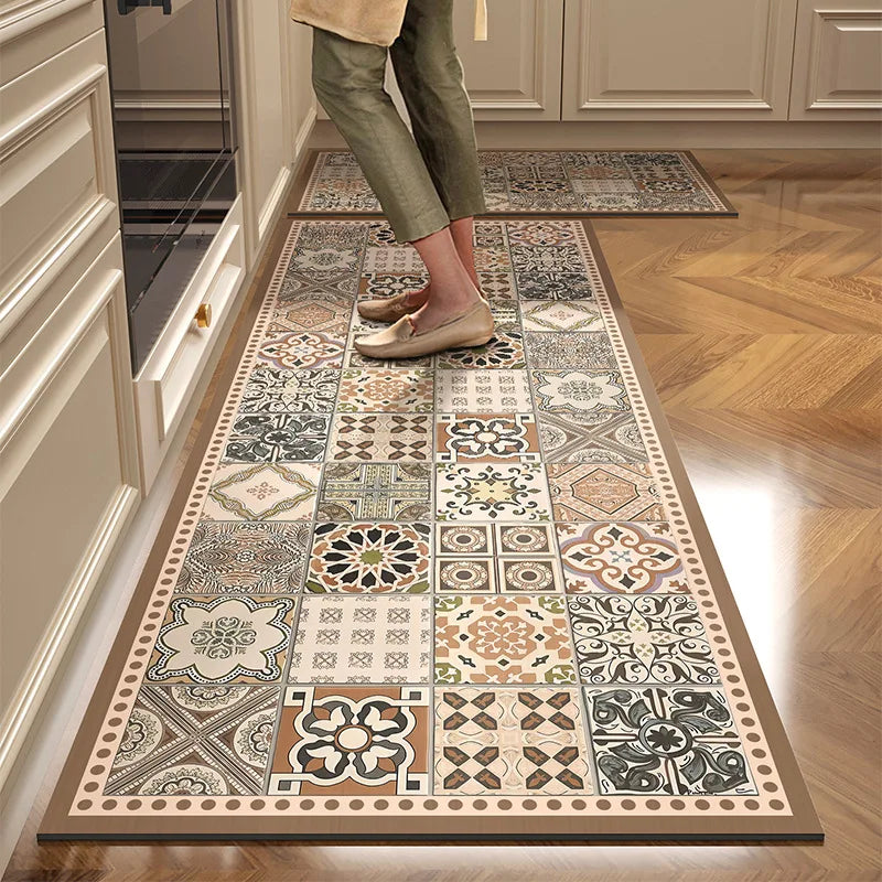 Moroccan Tile Pattern Kitchen Mat Set — Non-Slip Washable Floor Runner for Kitchen & Hallway