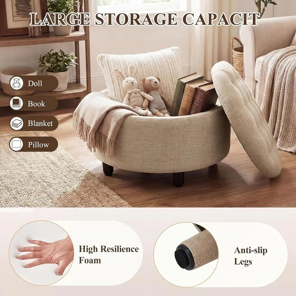 Round Fabric Storage Ottoman with Removable Tray Top