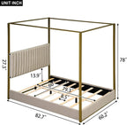 Luxe Gold Canopy Bed Frame with Upholstered Wingback Headboard | Queen Size