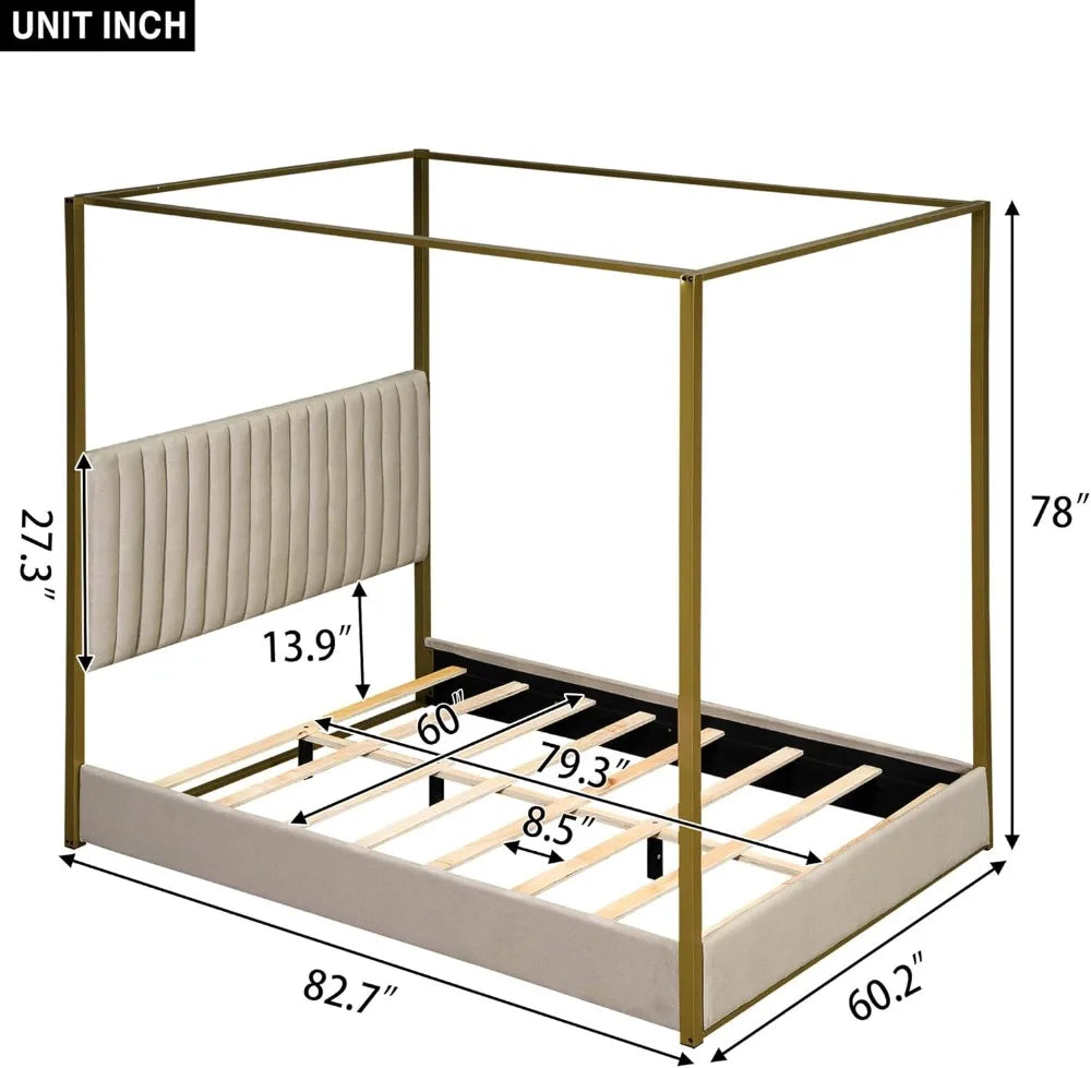 Luxe Gold Canopy Bed Frame with Upholstered Wingback Headboard | Queen Size
