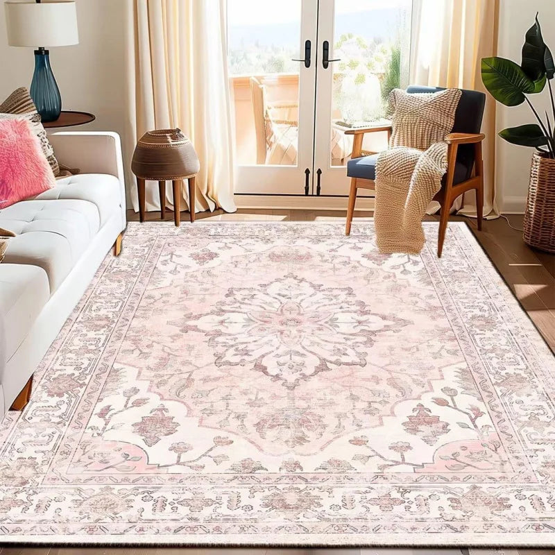 Vintage Persian Medallion Area Rug — Washable Boho Floral Rug for Living Room & Bedroom