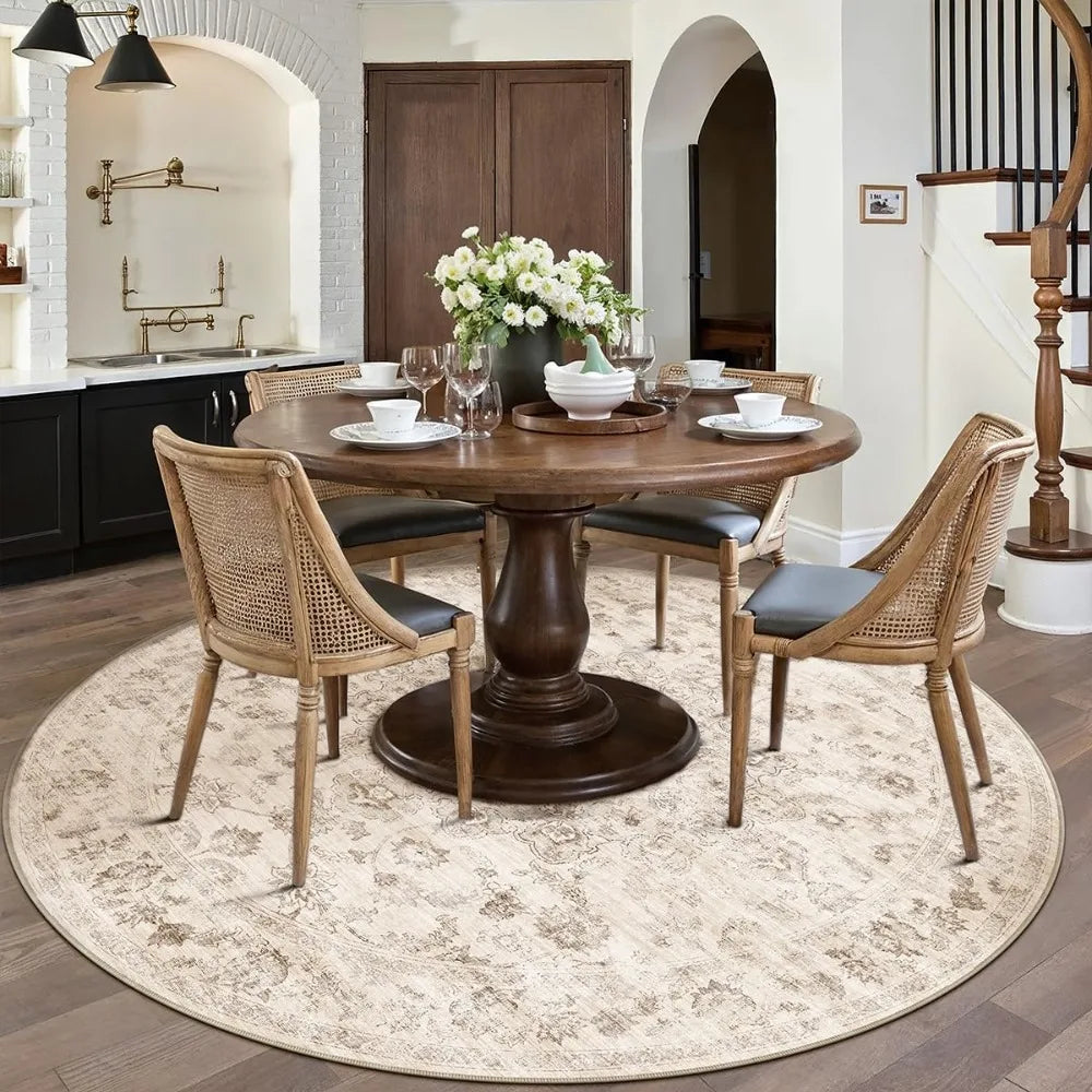 Round Vintage Floral Area Rug — Soft Cream & Beige Living Room Circle Rug