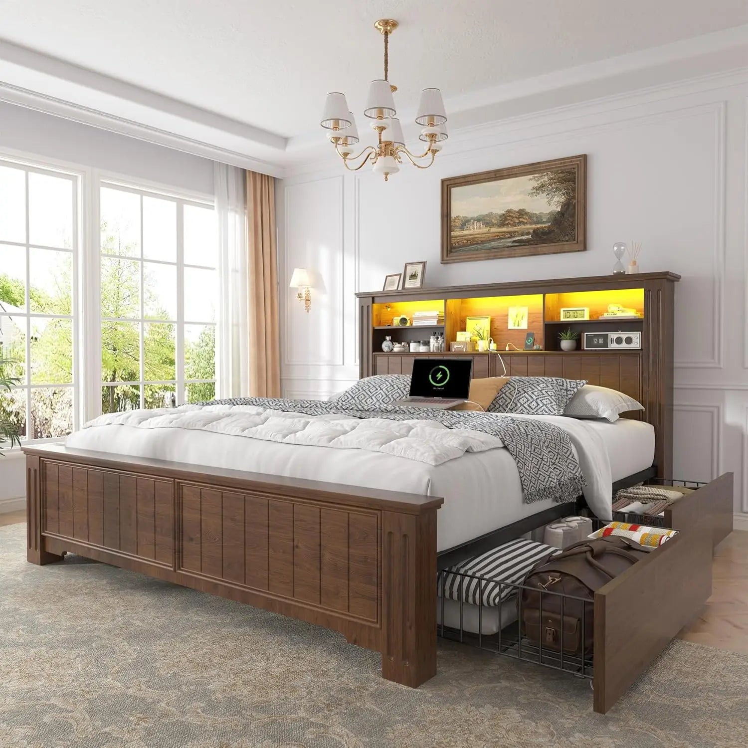 Modern White LED Bed Frame with Storage Headboard & Charging Station