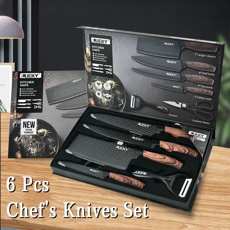 6-Piece Professional Chef's Knife Set with Dark Wood Handles & Gift Box