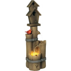 Rustic Birdhouse Wood Post Outdoor Fountain with LED Light