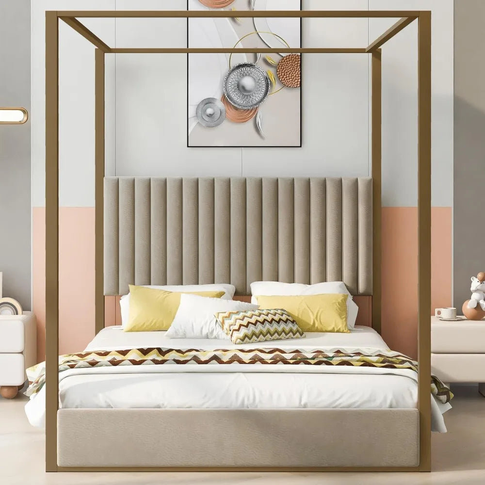 Luxe Gold Canopy Bed Frame with Upholstered Wingback Headboard | Queen Size