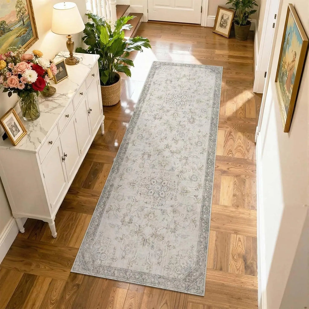 Persian Medallion Hallway Runner Rug — Vintage Floral Pattern in Soft Gray & Ivory