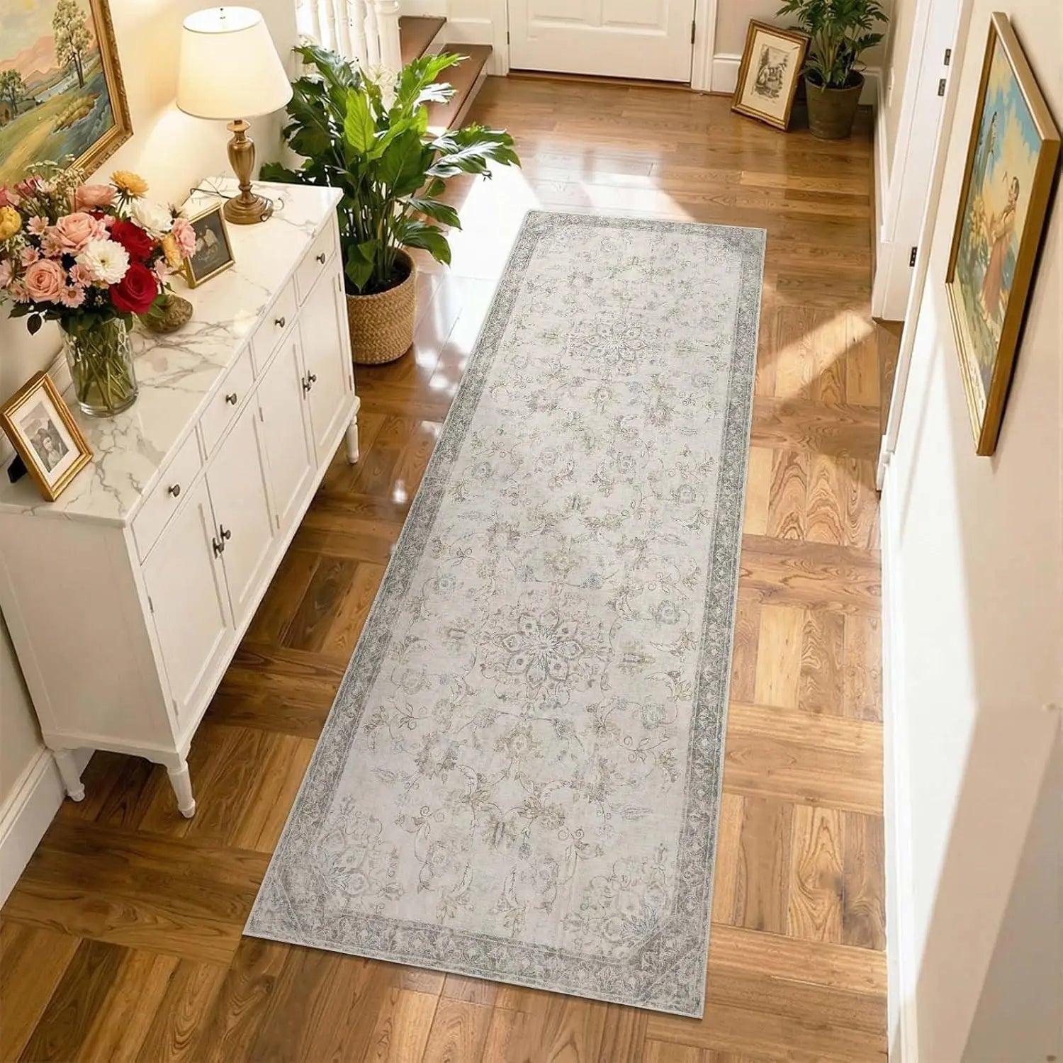 Persian Medallion Hallway Runner Rug — Vintage Floral Pattern in Soft Gray & Ivory