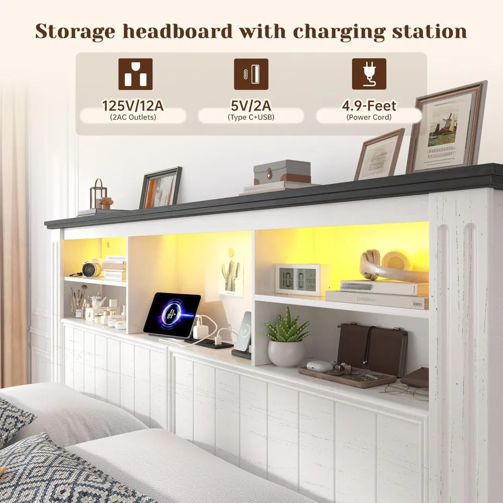 Modern White LED Bed Frame with Storage Headboard & Charging Station