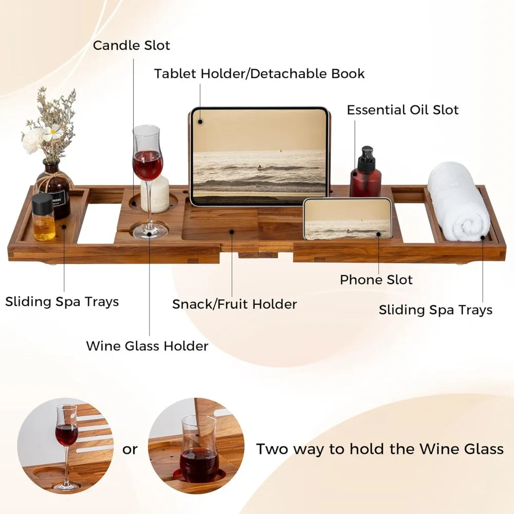 Expandable Bamboo Bath Caddy Tray with Tablet & Wine Glass Holder