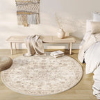 Round Vintage Floral Area Rug — Soft Cream & Beige Living Room Circle Rug