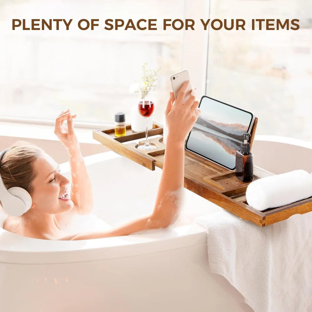 Expandable Bamboo Bath Caddy Tray with Tablet & Wine Glass Holder