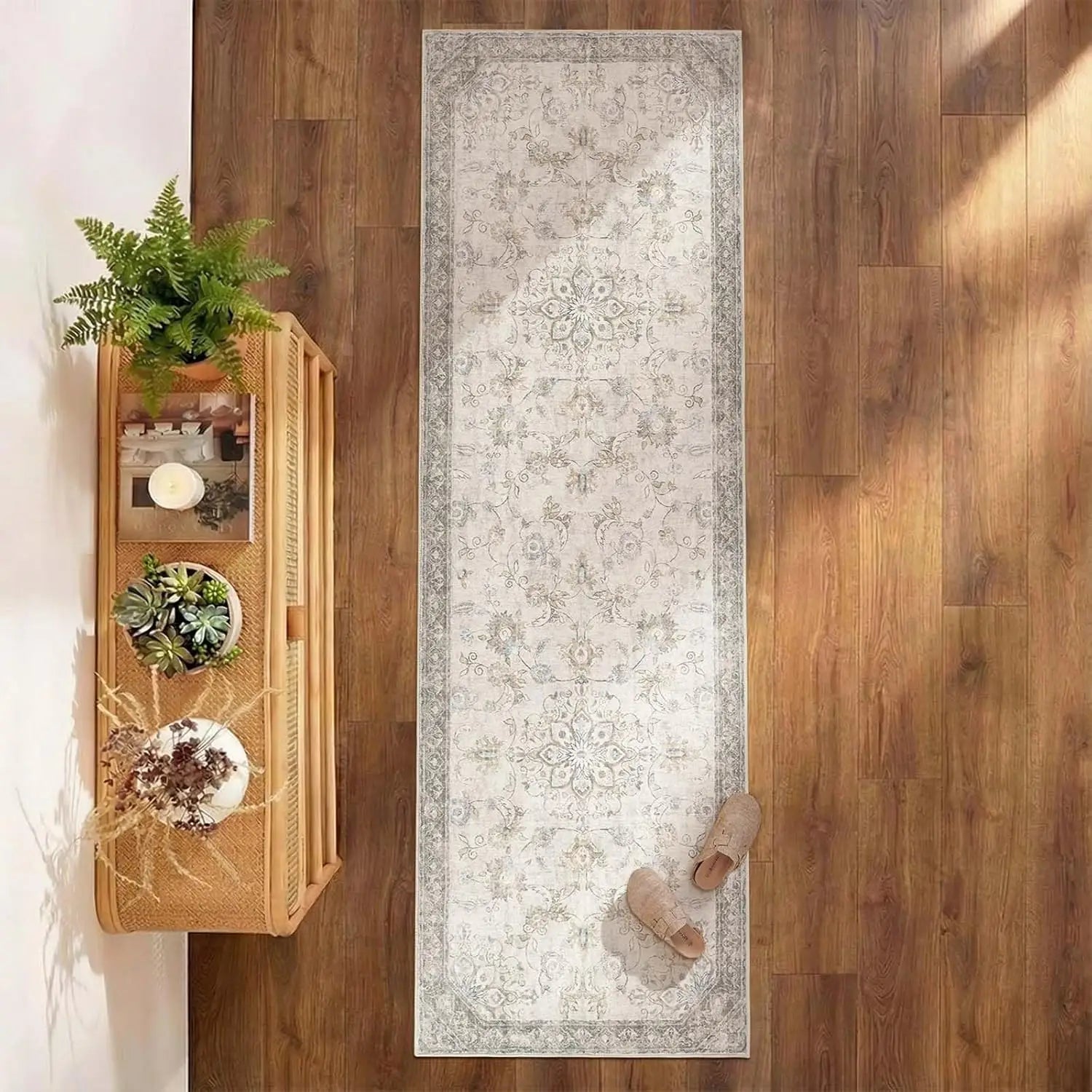 Persian Medallion Hallway Runner Rug — Vintage Floral Pattern in Soft Gray & Ivory