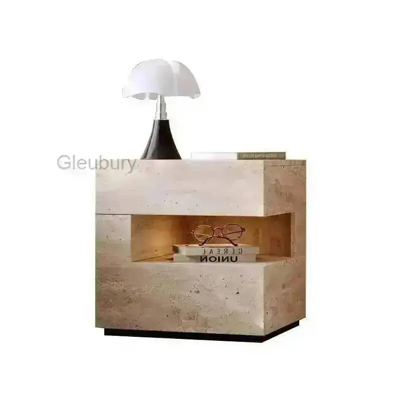 Travertine Stone Nightstand with LED Light Strip