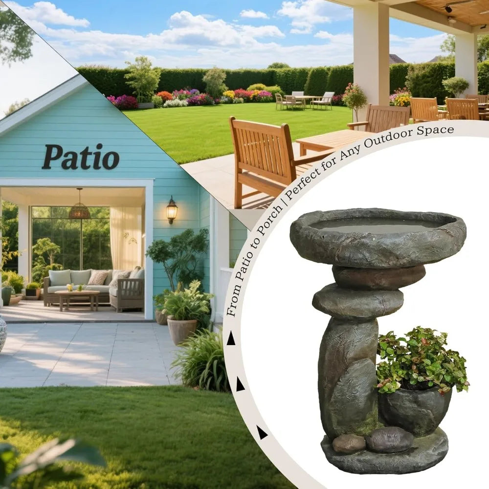 Stacked Stone Birdbath Garden Fountain with Planter Bowl