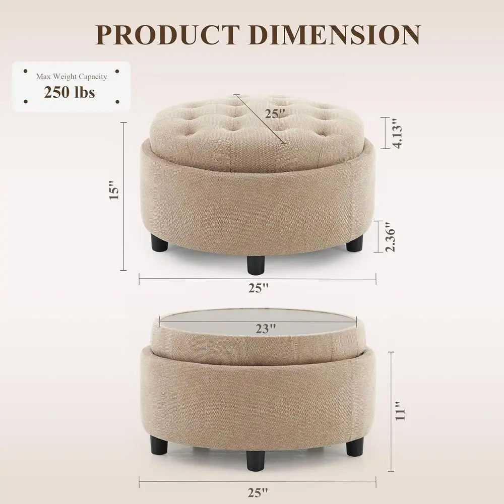 Round Fabric Storage Ottoman with Removable Tray Top