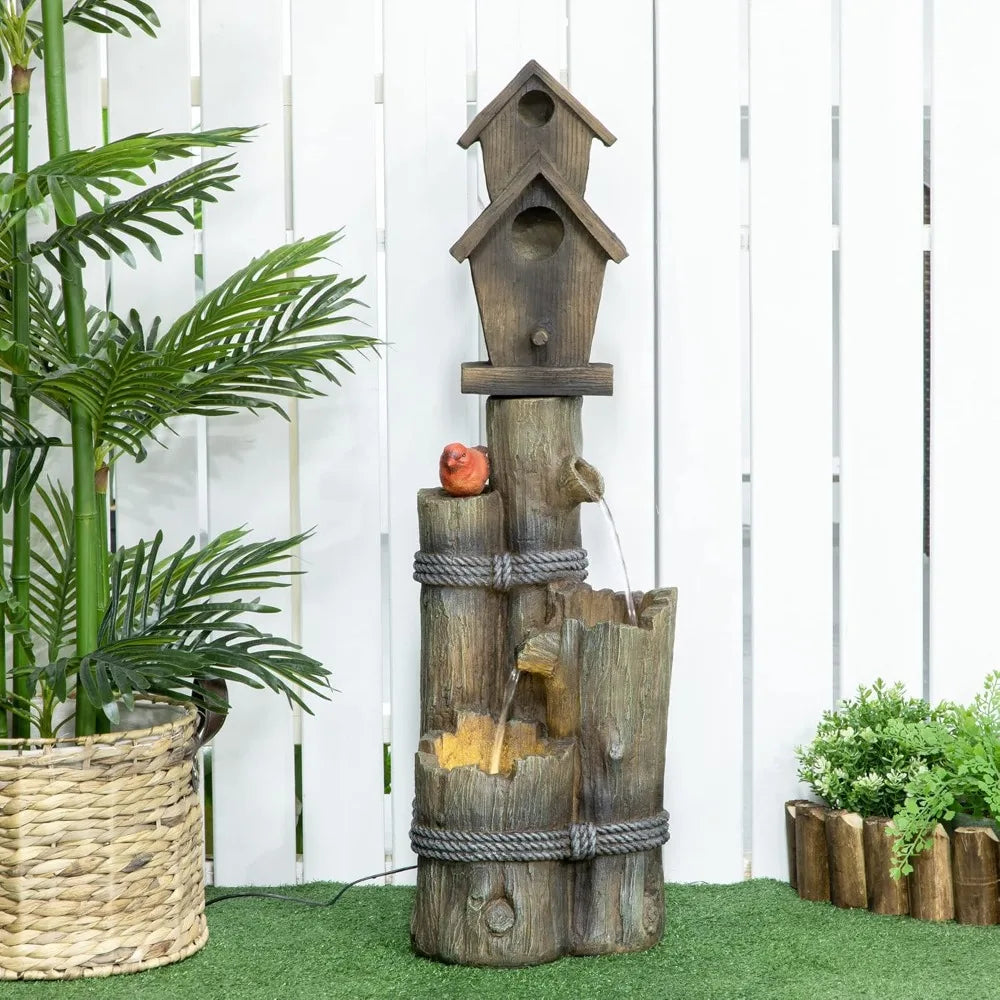 Rustic Birdhouse Wood Post Outdoor Fountain with LED Light
