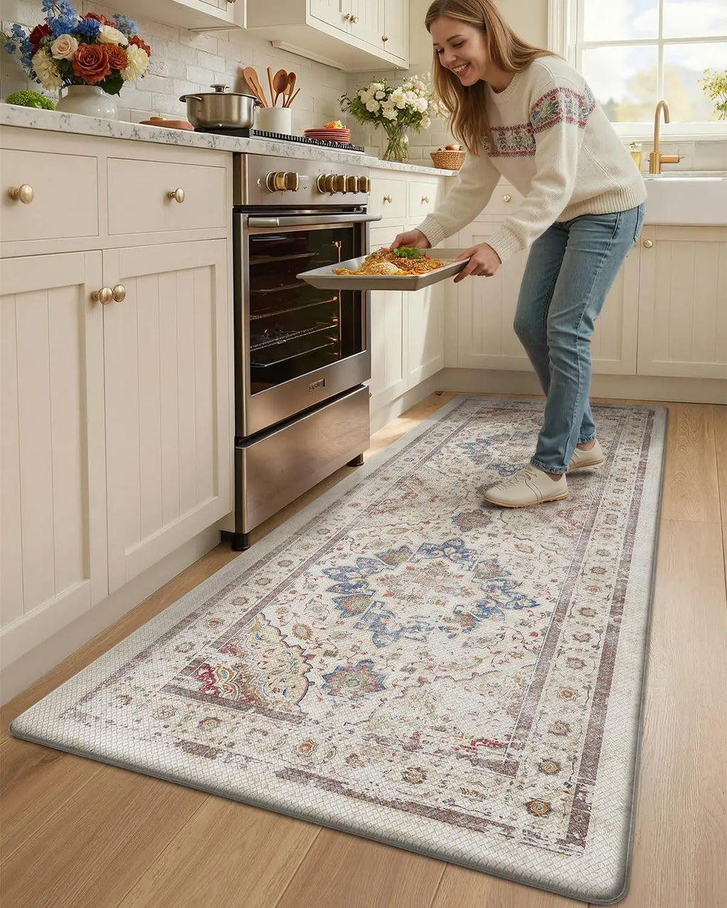 Vintage Medallion Kitchen Runner Rug — Washable Non-Slip Mat for Kitchen & Laundry