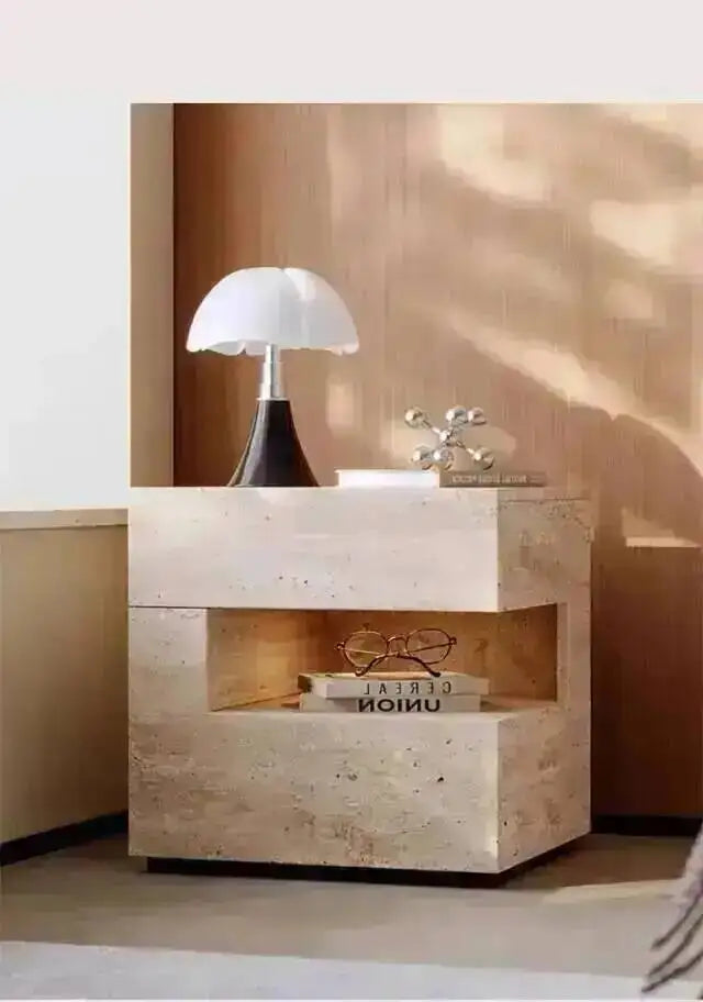 Travertine Stone Nightstand with LED Light Strip