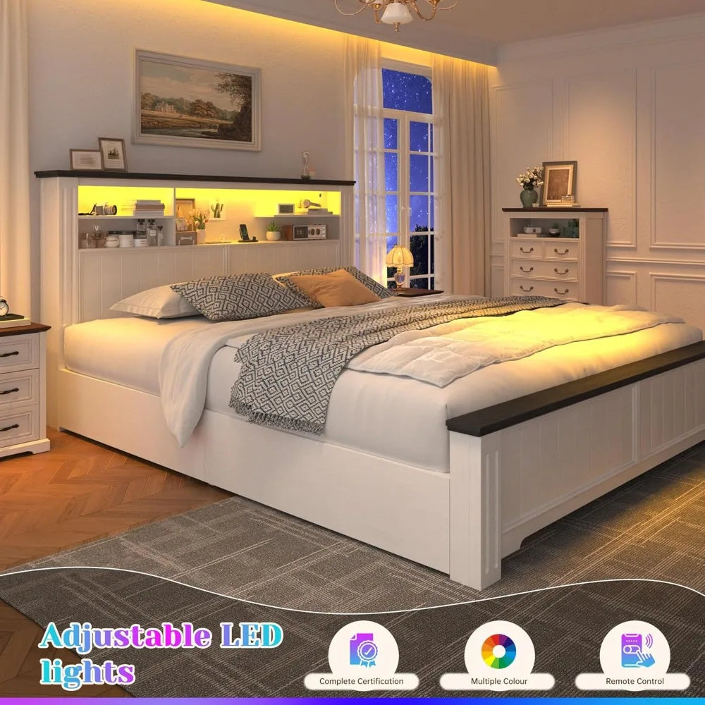 Modern White LED Bed Frame with Storage Headboard & Charging Station