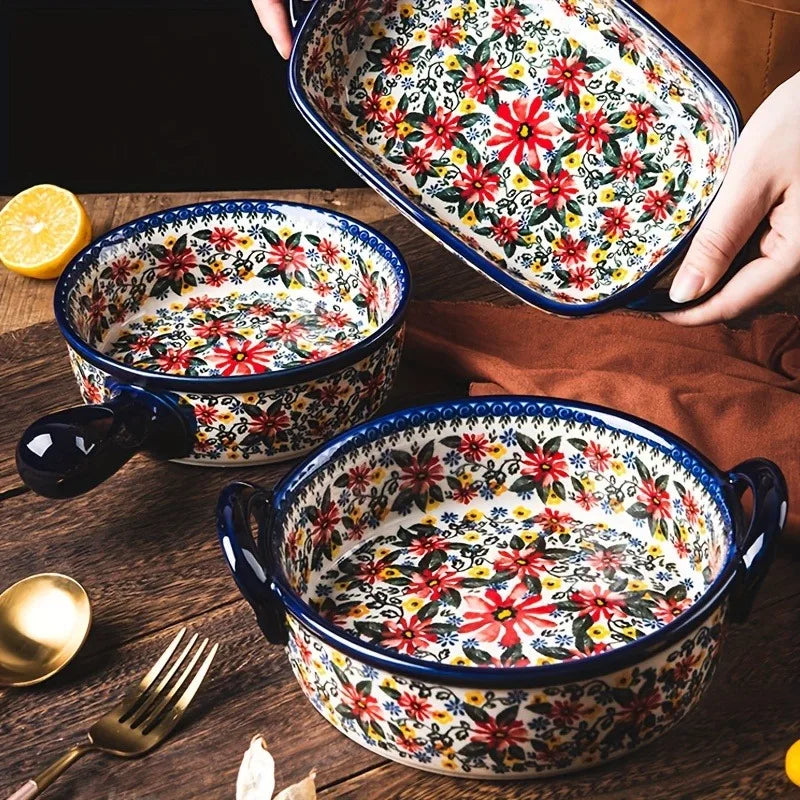 Polish Pottery Style 3-Piece Ceramic Cookware Set