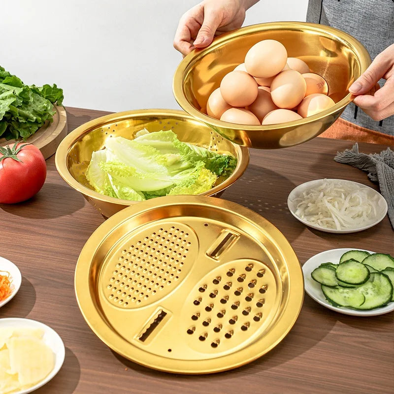 Gold Stainless Steel Multi-Function Grater & Colander Bowl Set