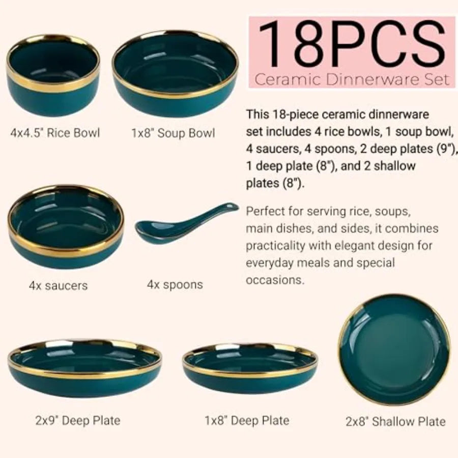 Emerald Gold Rim Ceramic Dinnerware Set