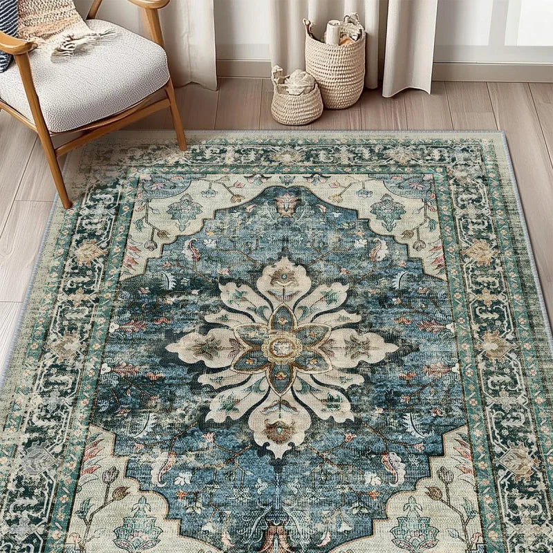 Vintage Persian Medallion Area Rug — Washable Boho Floral Rug for Living Room & Bedroom