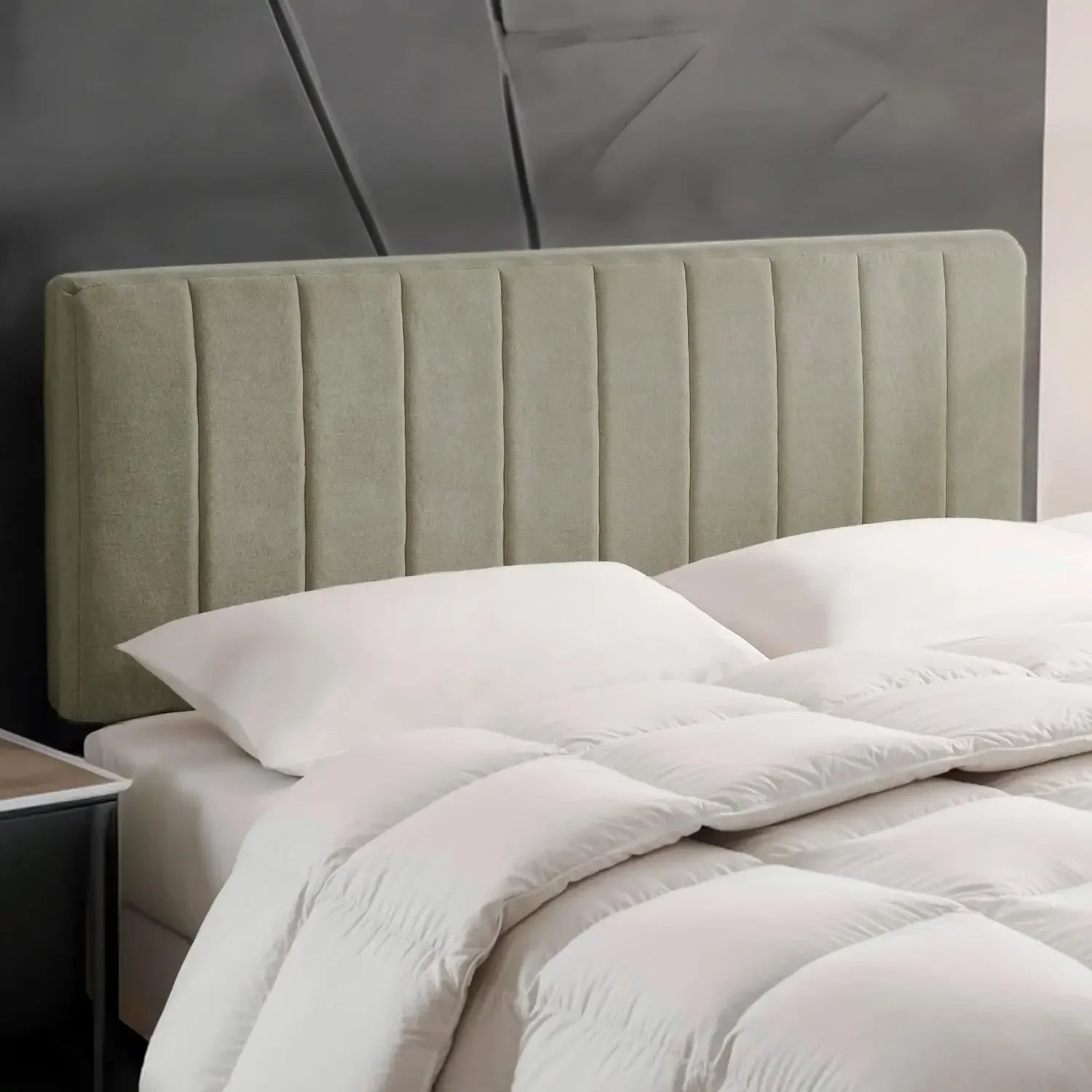 Channel Tufted Upholstered Headboard — Velvet Bedroom Headboard in Sage Taupe