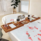 Expandable Bamboo Bath Caddy Tray with Tablet & Wine Glass Holder
