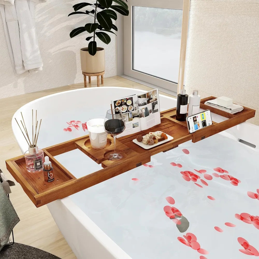 Expandable Bamboo Bath Caddy Tray with Tablet & Wine Glass Holder