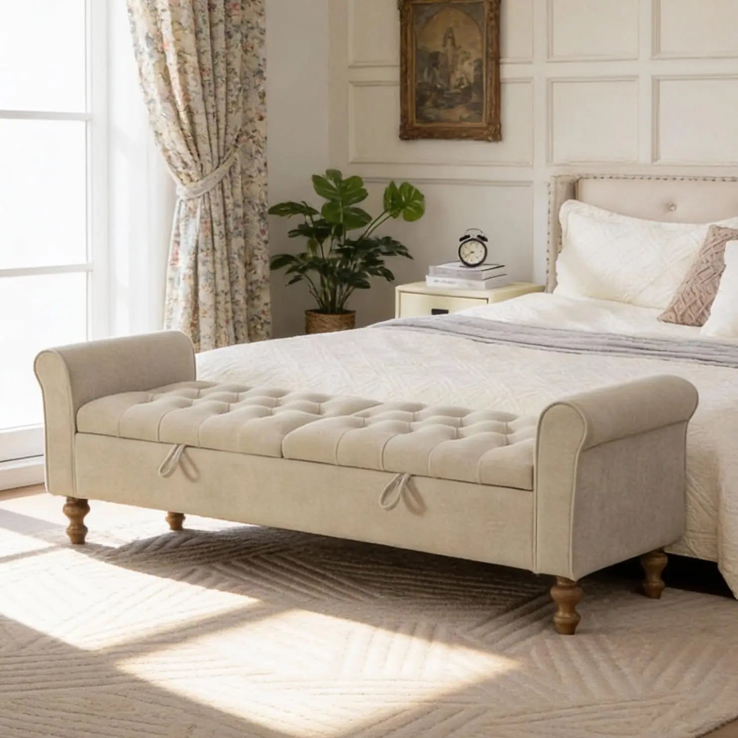 Tufted Storage Bench with Armrests