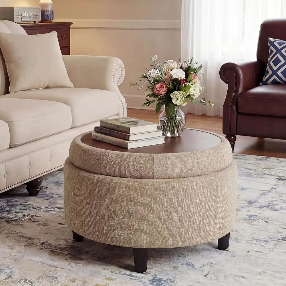Round Fabric Storage Ottoman with Removable Tray Top